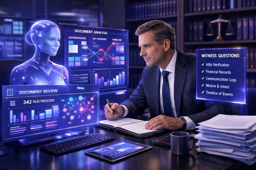 Prawnik pracujący z asystentem AI nad strategią procesową - setki dokumentów discovery analizowanych przez AI, wizualizacja rozbieżności