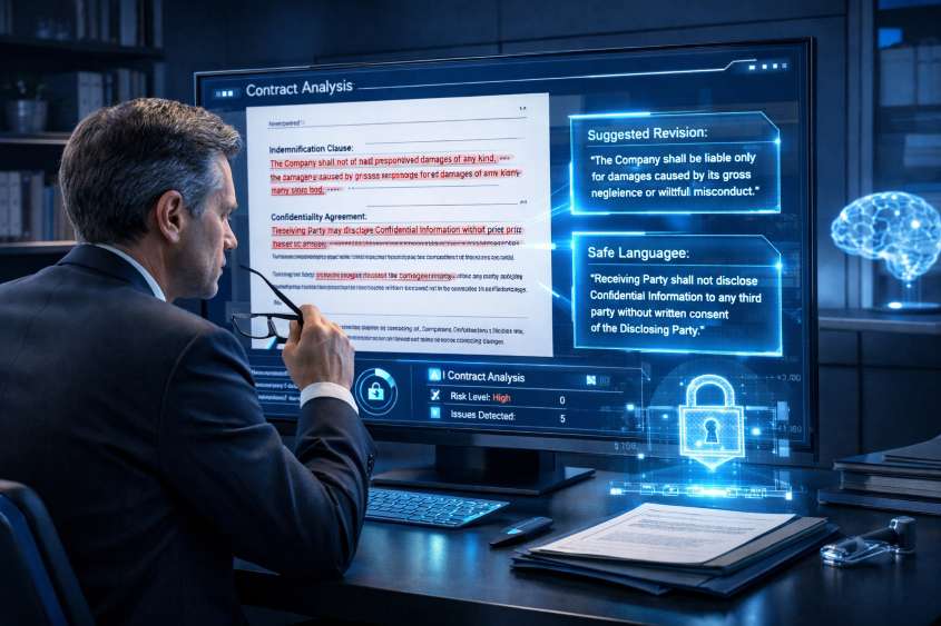 Dokumenty prawne i umowy analizowane przez AI - ekran z automatycznym redliningiem, podświetlone klauzule wymagające zmian