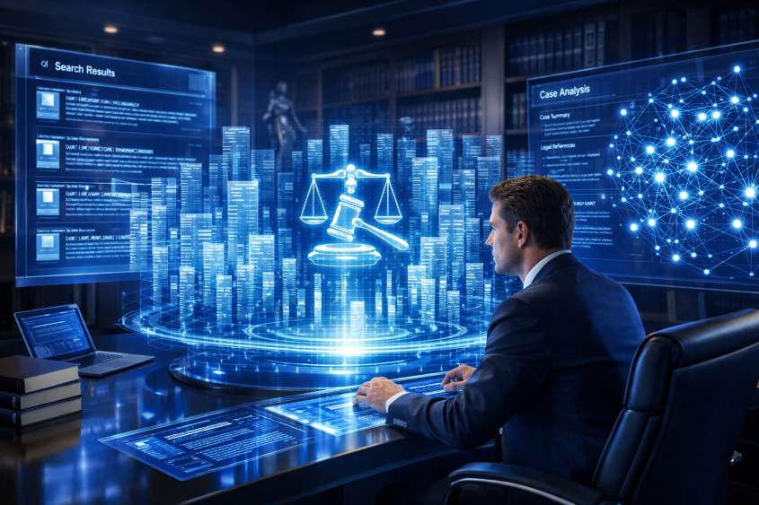Prawnik korzystający z zaawansowanego systemu AI do wyszukiwania orzeczeń - holograficzna baza danych z tysiącami wyroków sądowych
