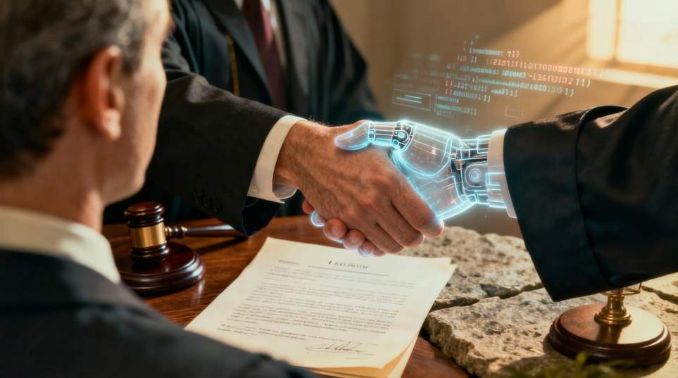 Integracja człowieka z AI - uścisk dłoni prawnika z asystentem AI, symbolizujący współpracę