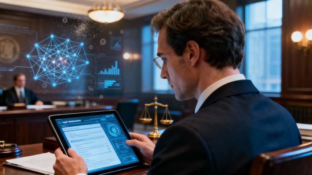 Prawnik korzystający z zaawansowanych narzędzi AI - analiza danych i holograficzne wizualizacje